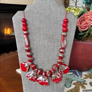 Vintage Red & Silver Tone Beaded Long Necklace Leather Cord Abstract Ceramic